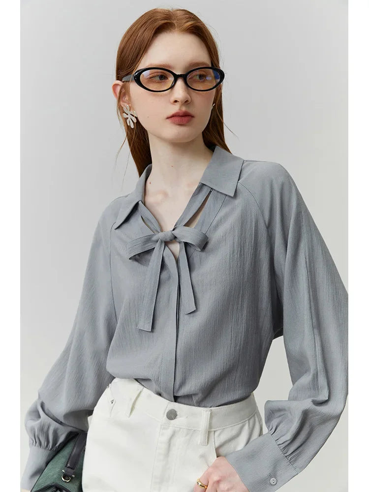 Saviig Lace-Up V-Neck Shirt: French Style Detachable Ribbon, Autumn 2023 Chic Top