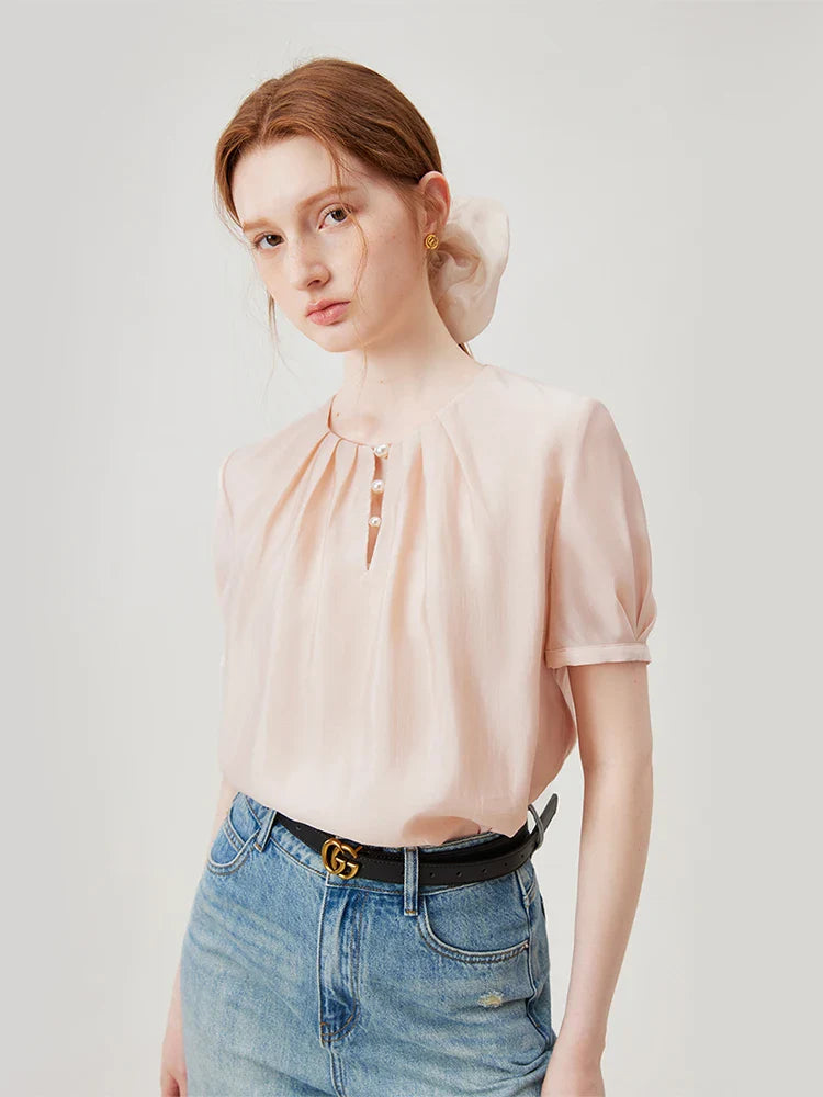 Saviig Beige Pink Women's Shirt 2024 Summer New Design Elegant Casual Top