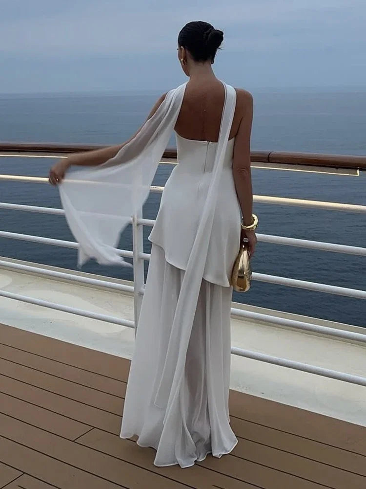 Saviig Chic Mesh Sheer Off Shoulder Dress with Irregular Hem & Split Back