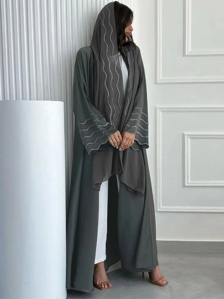 Saviig Ramadan Eid Kimono Abaya Set for Women in Gray Black
