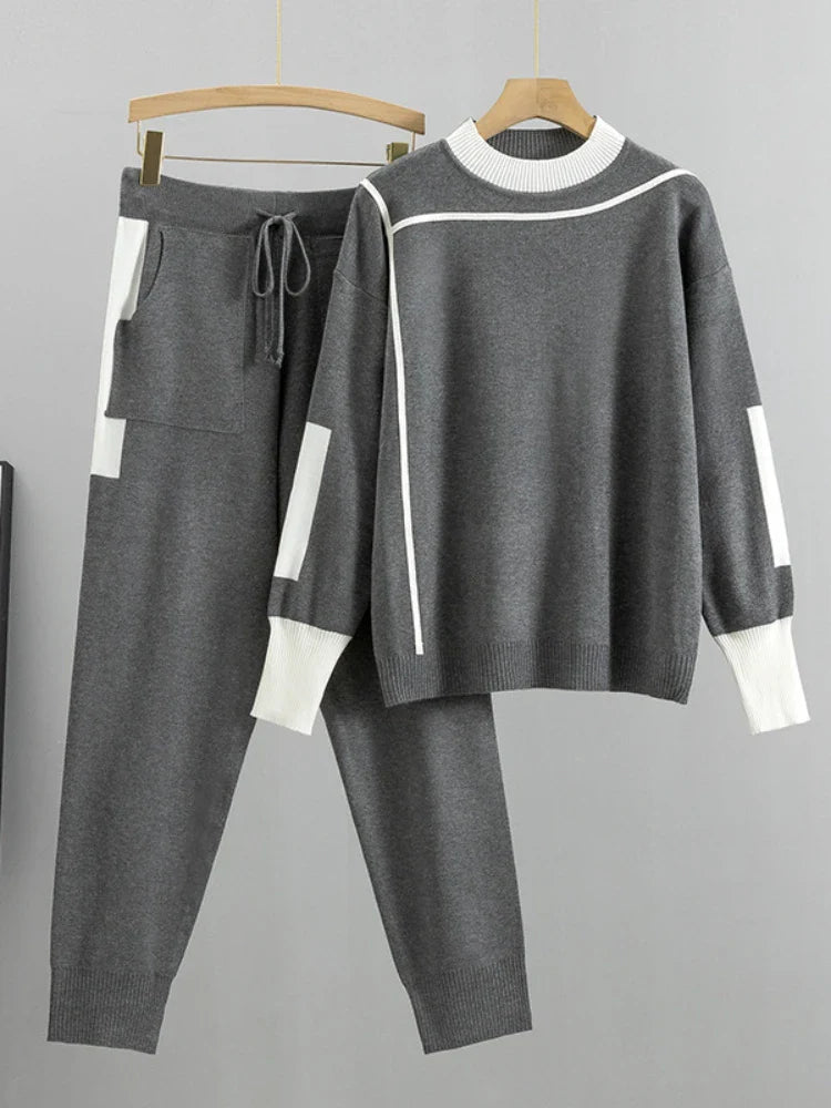 Saviig Winter Women Knitted Set: Pullover Sweater & Pant 2PCS Outfit Warm Sport Suit