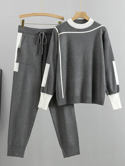 Saviig Winter Women Knitted Set: Pullover Sweater & Pant 2PCS Outfit Warm Sport Suit