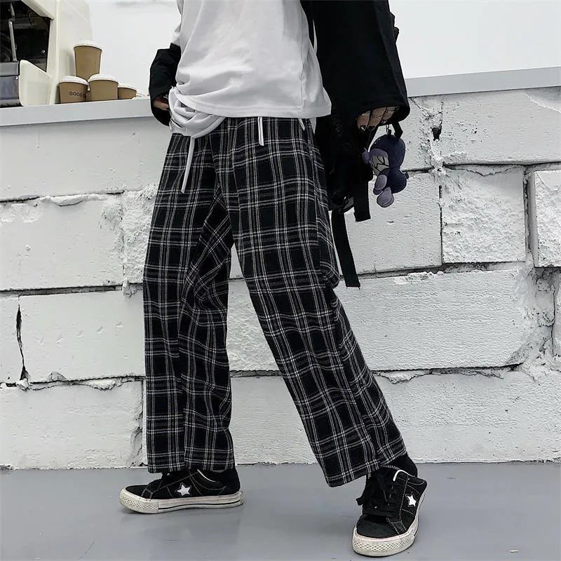 Saviig Black Plaid Hip Hop Wide Leg Pants Harajuku Style Oversize Trousers