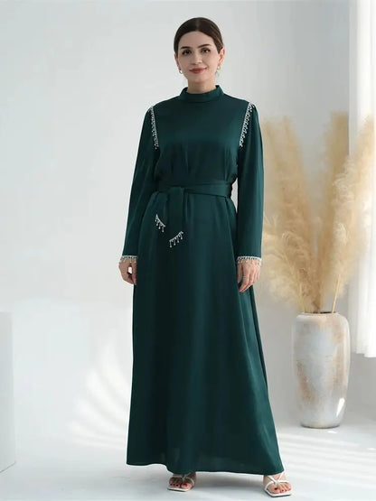 Saviig Ramadan Satin Diamond Abaya Dress for Muslim Women