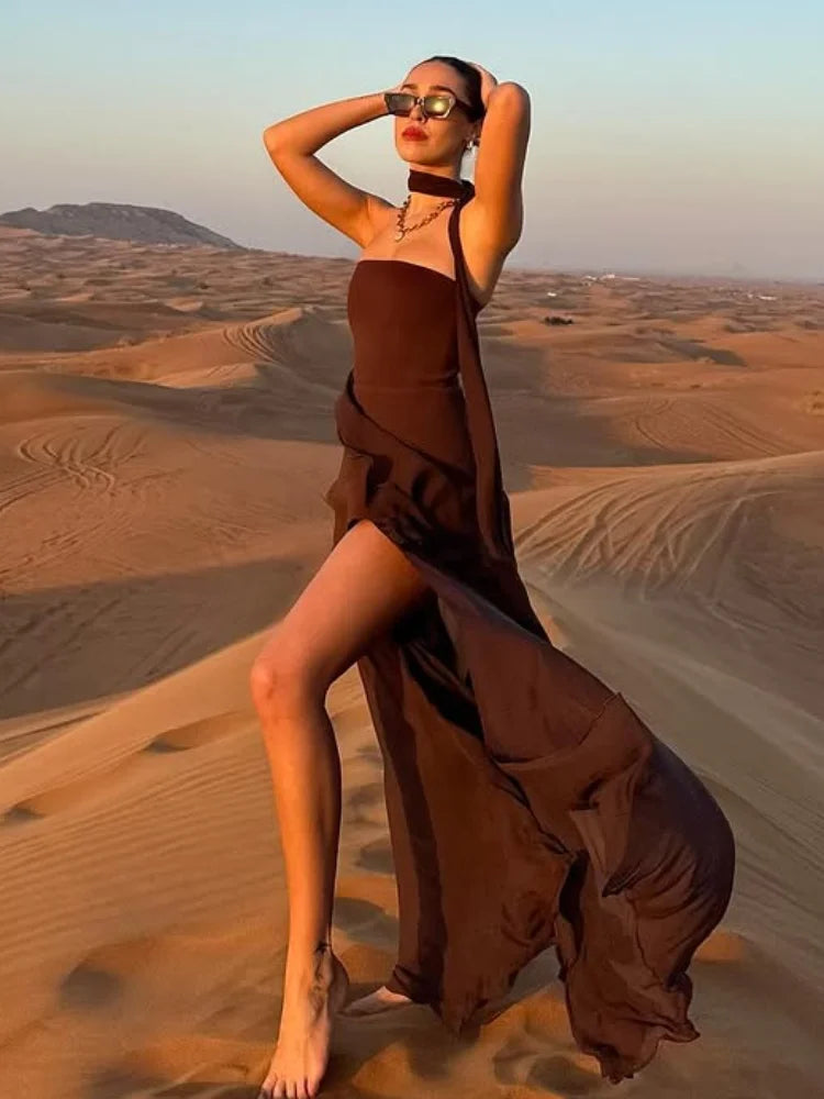 Saviig Chic Mesh Sheer Off Shoulder Dress with Irregular Hem & Split Back