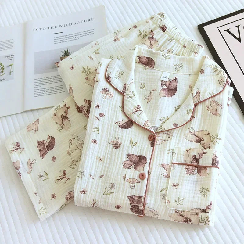 Saviig Spring Autumn Pajama Set Women's Crepe Long Sleeve Flip Collar Cardigan