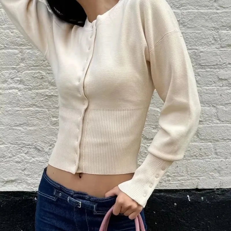 Saviig High Waist Round Neck Cardigan Short Sweater Top Slim Fit