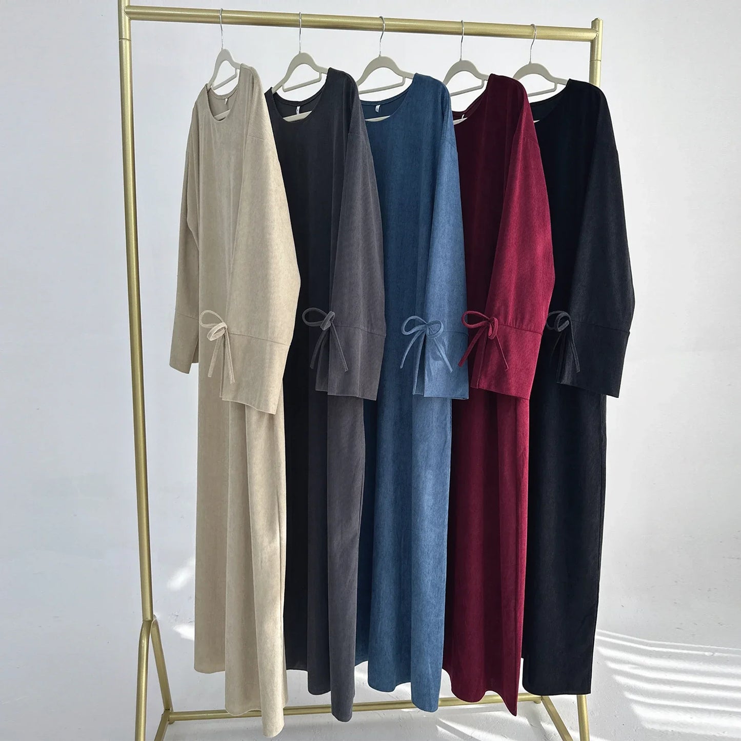 Saviig Corduroy Bowknot Abaya: Modest O Neck Dress with Pockets