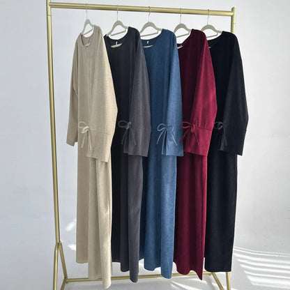Saviig Corduroy Bowknot Abaya: Modest O Neck Dress with Pockets
