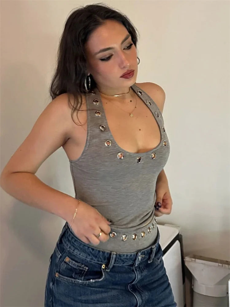 Saviig Summer Hollow Out Metallic Tank Top - Backless Cropped Y2K Vest