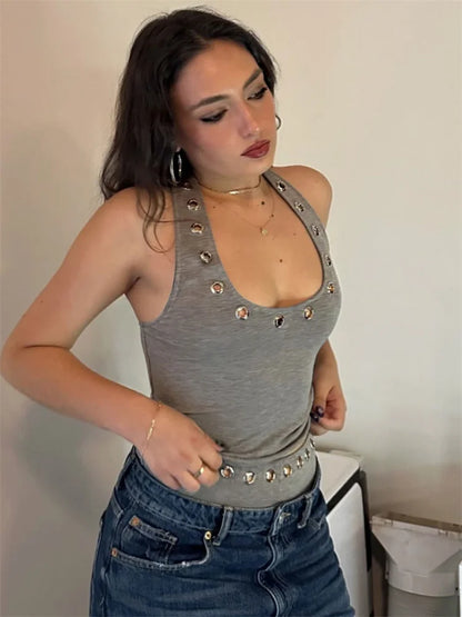 Saviig Summer Hollow Out Metallic Tank Top - Backless Cropped Y2K Vest