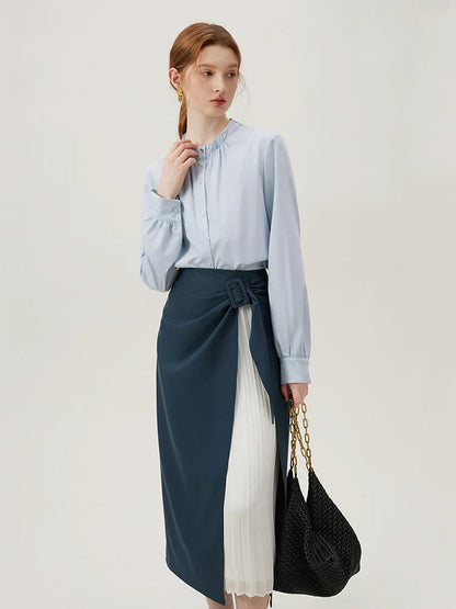 Saviig Blue Modal Collar Blouse: Spring 2024 Fashion Stand Collar Office Shirt