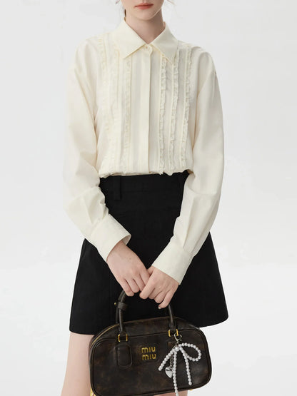 Saviig Beige Ruffle Drop Sleeve Office Blouse - 2024 Winter New