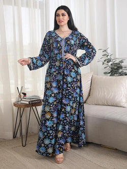Saviig Floral Print Diamond Eid Abaya Dress for Women - Muslim Party Kaftan Dubai