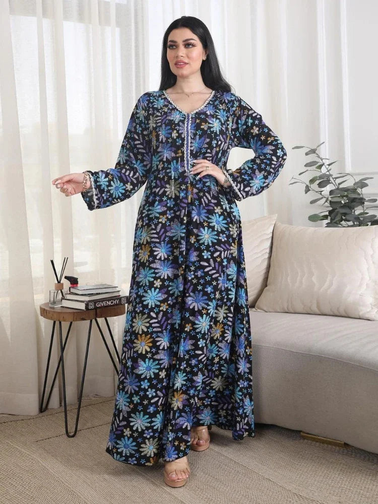 Saviig Floral Print Diamond Eid Abaya Dress for Women - Muslim Party Kaftan Dubai