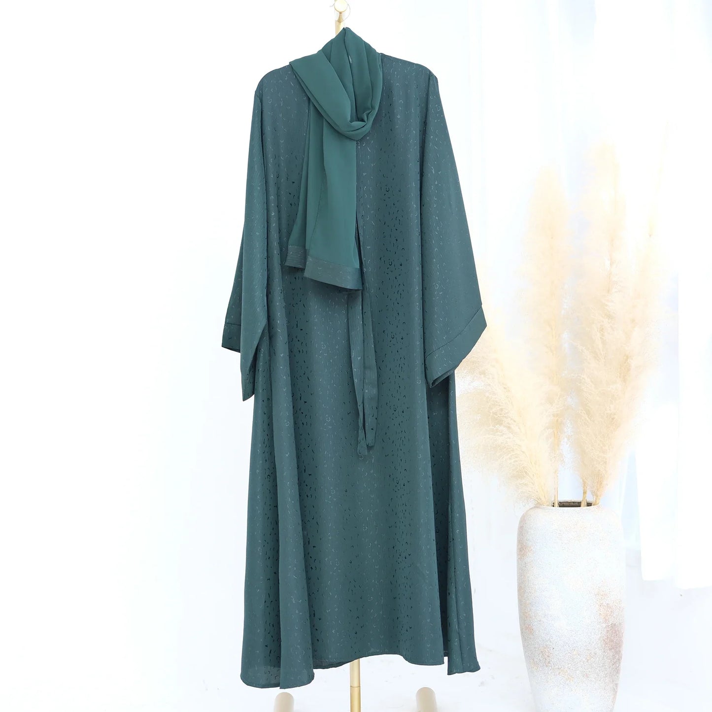 Saviig 3D Jacquard Muslim Abaya Dress for Women, O Neck Wide Sleeves
