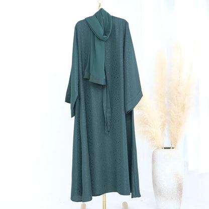 Saviig 3D Jacquard Muslim Abaya Dress for Women, O Neck Wide Sleeves