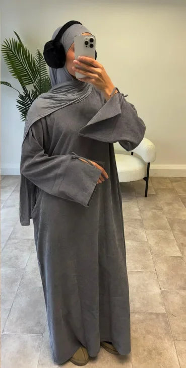 Saviig Corduroy Bowknot Abaya: Modest O Neck Dress with Pockets