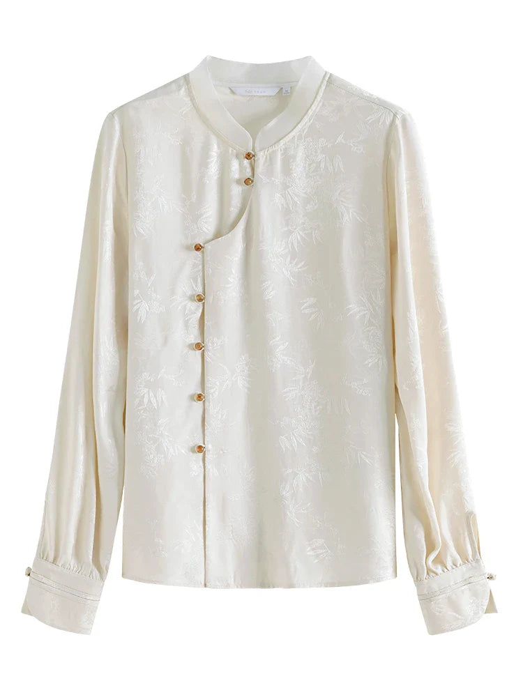 Saviig Jacquard Stand Collar Blouse - Women's Chinese Style Top