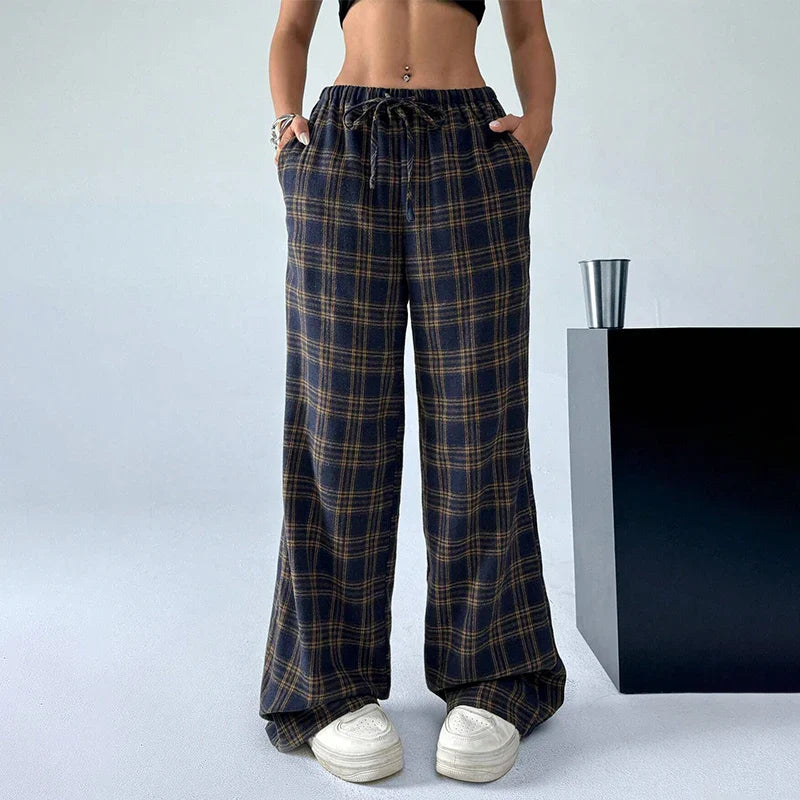 Saviig Plaid Straight Pants: Elastic Waist Drawstring Trousers