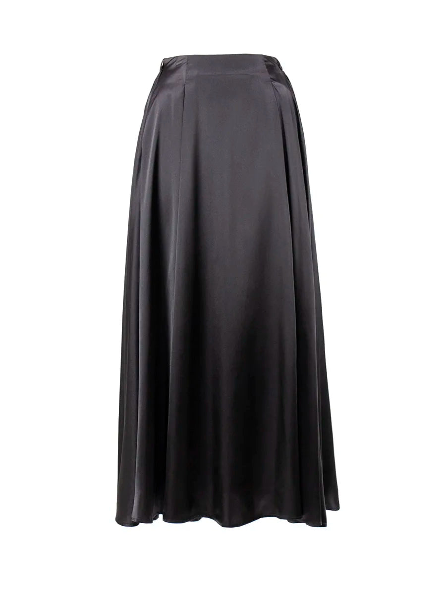 Saviig Elegant Satin Maxi Skirt - High Waist Black Streetwear Fashion