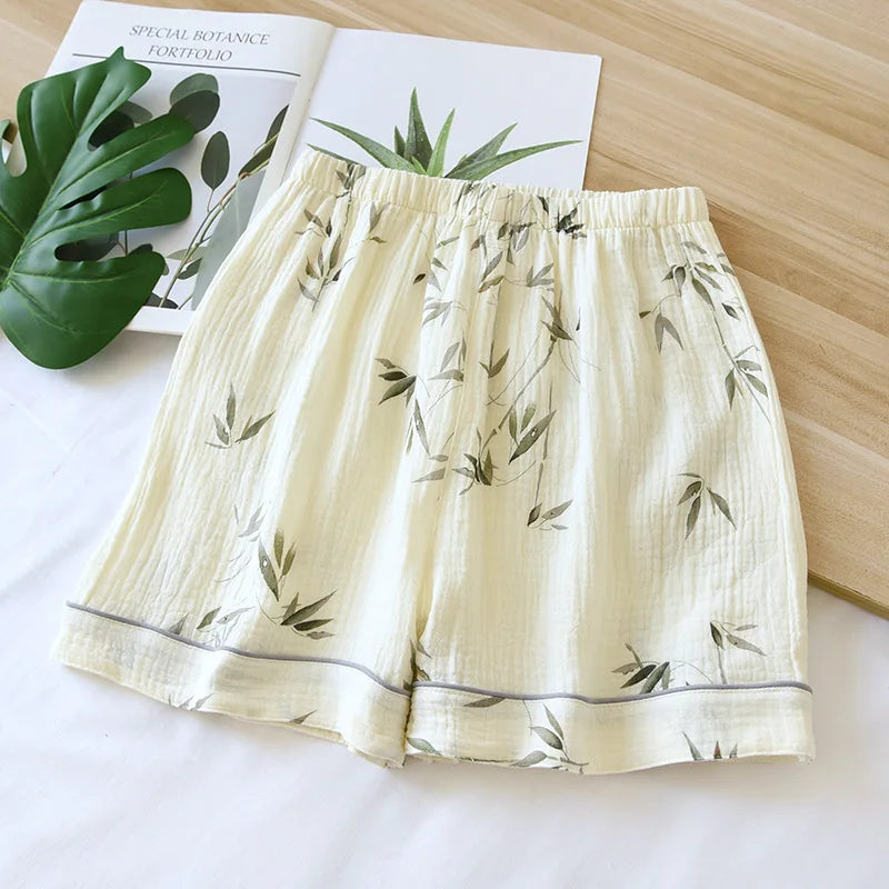 Saviig Cotton Crepe Sleep Shorts for Couples, Elastic Waist Nightwear Pajama Bottoms