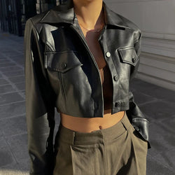 Saviig Faux Leather Short Jacket Turn-down Collar Button Detail Coat