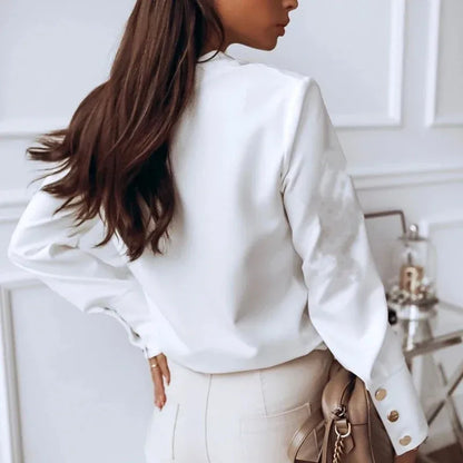Saviig Stand Collar Button Up Blouse for Office Ladies