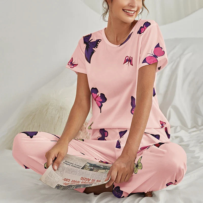 Saviig Butterfly Print Pajama Set for Women - Soft Sleepwear Top & Pants