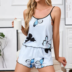 Saviig Butterfly Print Pajama Set: Lettuce Trim Cami Top & Elastic Shorts