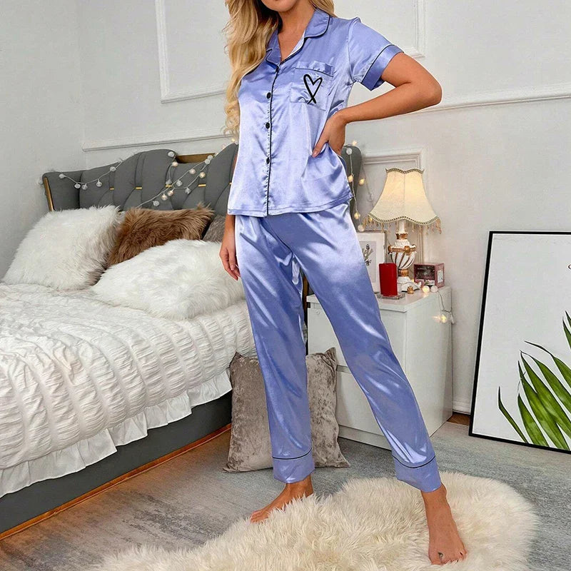 Saviig Women's Summer Pajama Set with Love Embroidery and Pocket