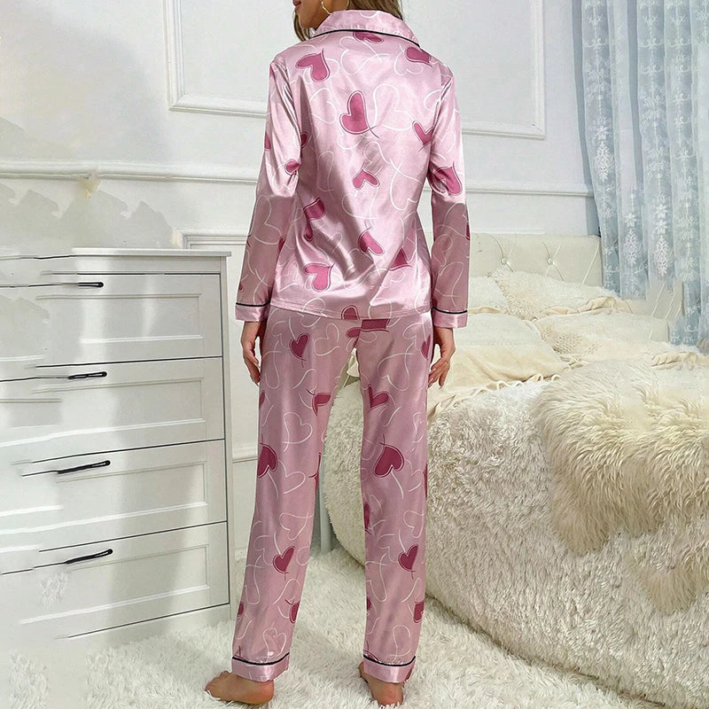 Saviig Heart Print Satin Pajama Set: Long Sleeve Top & Pants Lounge Wear