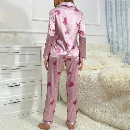 Saviig Heart Print Satin Pajama Set: Long Sleeve Top & Pants Lounge Wear