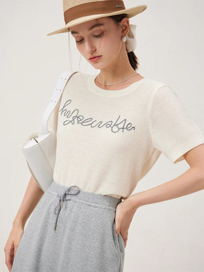 Saviig Blue Knit Tee with Embroidered Letters, Summer Short Sleeve Round Neck Top