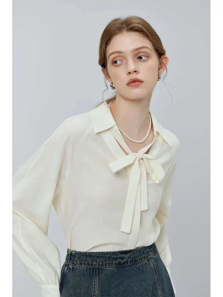 Saviig Lace-Up V-Neck Shirt: French Style Detachable Ribbon, Autumn 2023 Chic Top