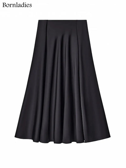 Saviig Elegant Satin Maxi Skirt - High Waist Black Streetwear Fashion