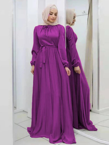 Saviig Lace-Up Satin Maxi Dress with Long Sleeves for Women Muslim Abaya