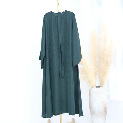 Saviig 3D Jacquard Muslim Abaya Dress for Women, O Neck Wide Sleeves
