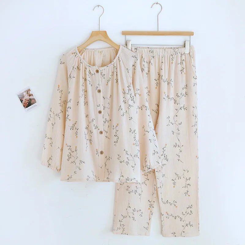 Saviig Cotton Crepe Floral Pajama Set - Pullover Top, Long Pants - Women's Spring & Autumn Fashion