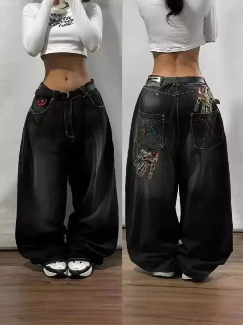 Saviig Vintage Oversized Letter Embroidery High Waist Wide Leg Jeans Harajuku Hip Hop