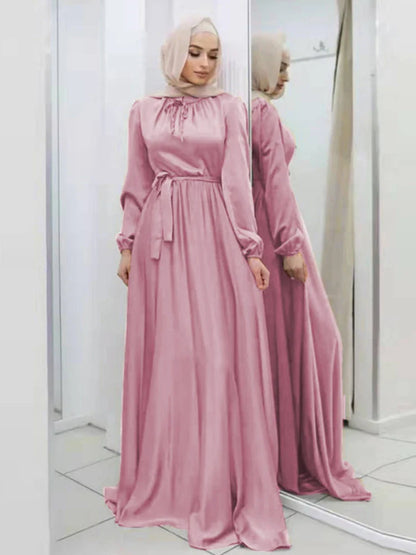 Saviig Lace-Up Satin Maxi Dress with Long Sleeves for Women Muslim Abaya