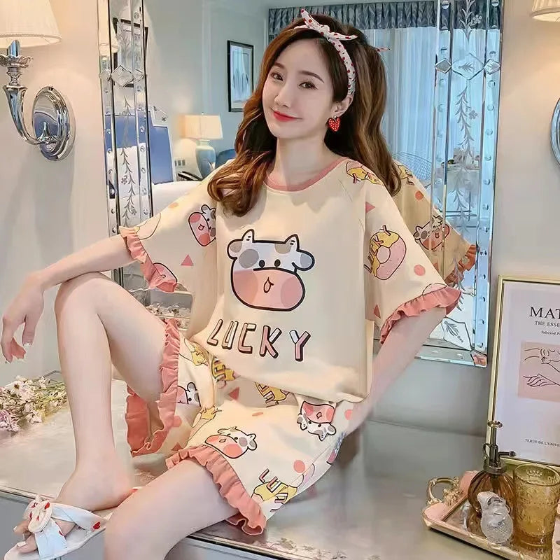 Saviig Summer Two-Piece Pajama Set - Loose Fit Short-Sleeve Homewear
