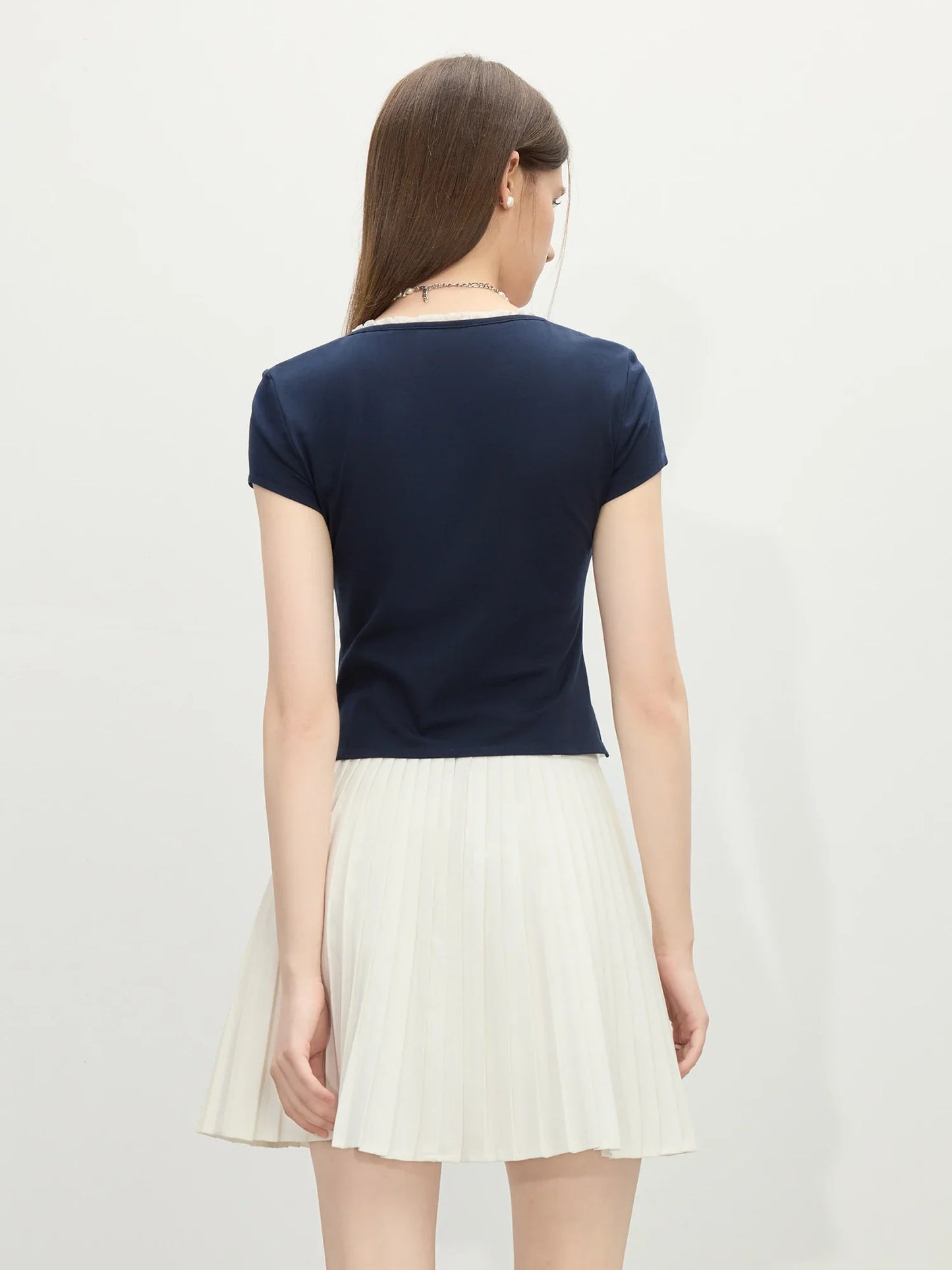 Saviig Navy Blue Fake Two-piece T-shirt Women Summer 2025 Simple Tops
