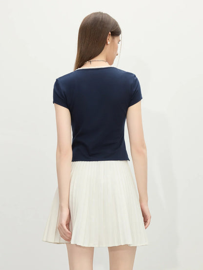 Saviig Navy Blue Fake Two-piece T-shirt Women Summer 2025 Simple Tops