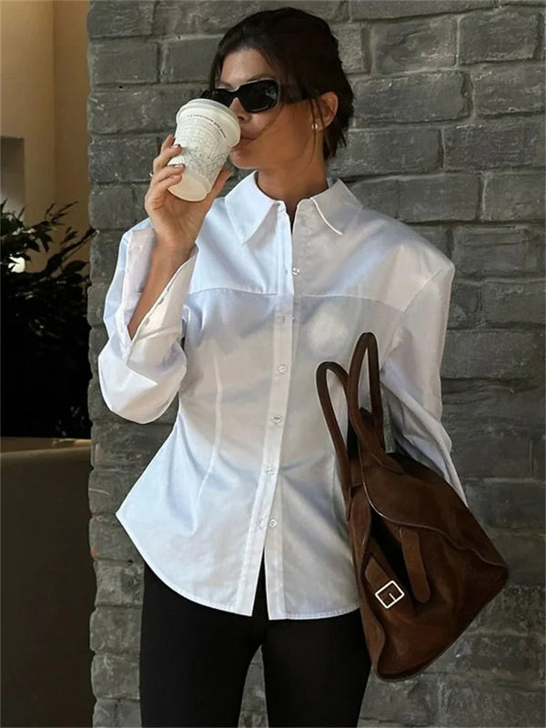 Saviig White Casual Lapel Shirt with Long Sleeve for Women in 2025