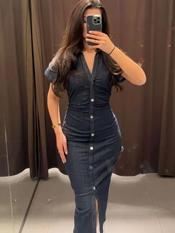 Saviig Chic Pleated Denim Dress: Short Sleeve Lapel Solid Vestidos