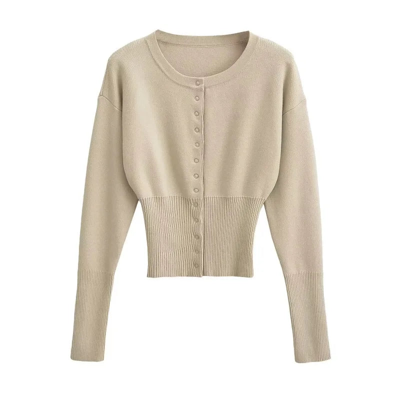 Saviig High Waist Round Neck Cardigan Short Sweater Top Slim Fit