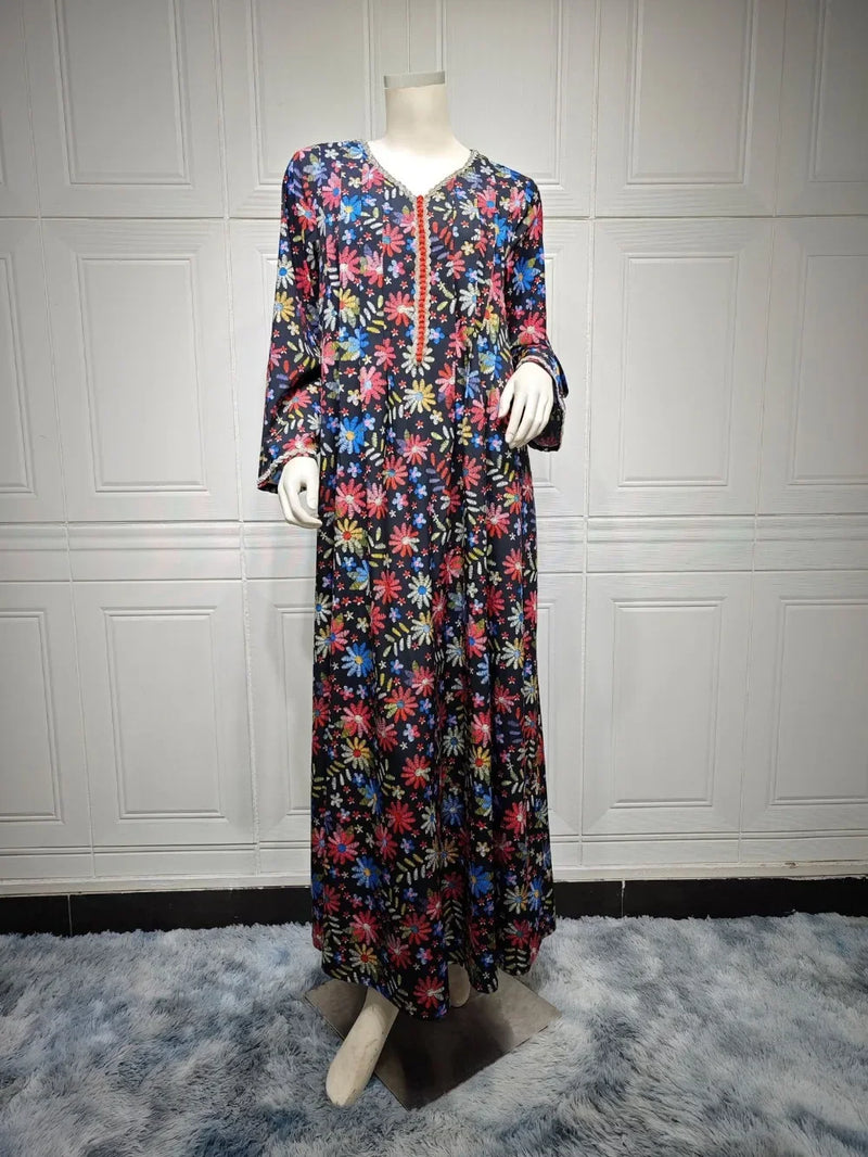 Saviig Floral Print Diamond Eid Abaya Dress for Women - Muslim Party Kaftan Dubai