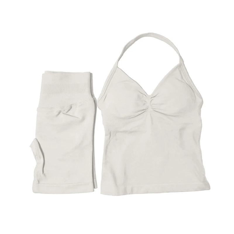 Saviig Impact Yoga Set: Longline Strappy Top & Shorts - Women's Gym Fitness Suit