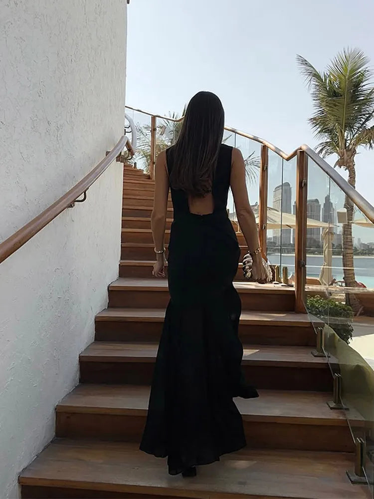 Saviig Black Sleeveless A-line Dress, Round Neck, High Waist - Summer Fashion